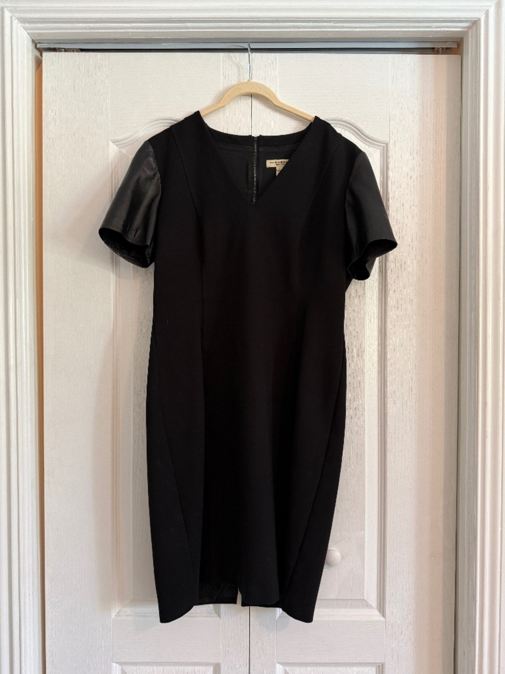 Burberry London Black Lambskin Leather Sleeve Sheath Dress US 14